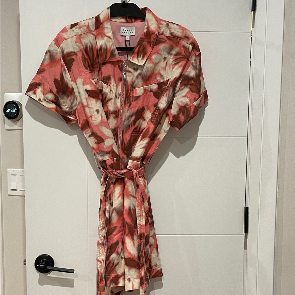 Tanya Taylor Coral, Cream & Brown Floral Zip Shirt Dress